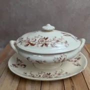 Antique sauce boat in ironstone from Salins – Sepia dragonfly decoration – With lid