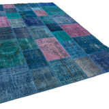 Handwoven oriental overdyed 203 cm x 300 cm blue patchwork carpet
