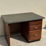 Modernist desk in wood and green moleskin upholstery