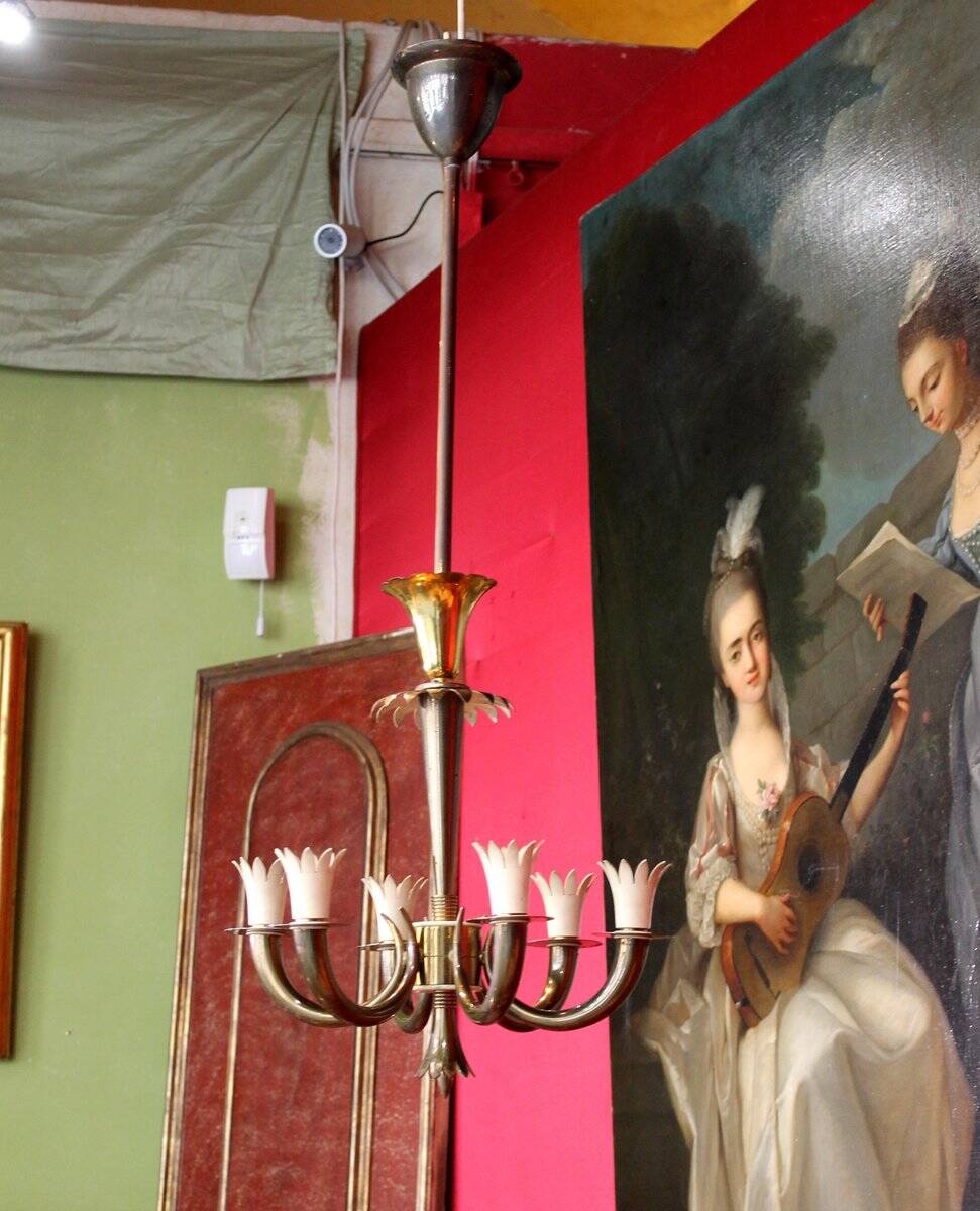 Art Deco Italian Brass 6-Lights Chandelier attributed to Gio Ponti for Lanci, 1930s