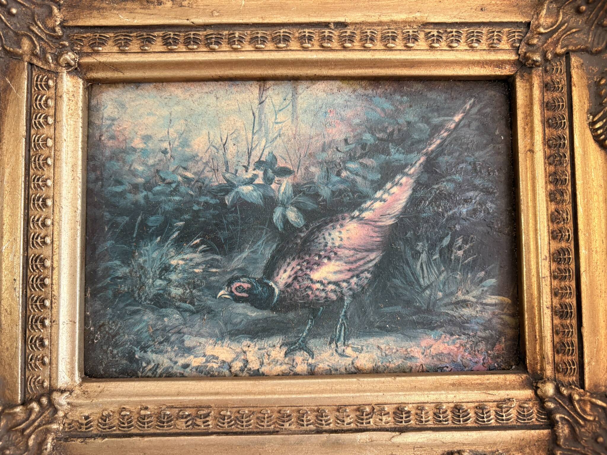 Ancient Impressionist Painting Hunting Pheasant English Rococo Frame