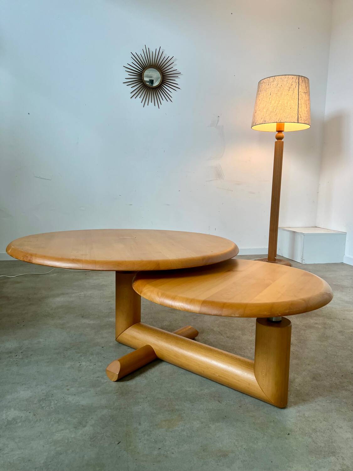 Table basse en bois à 2 plateaux ajustables, Roche Bobois années 80