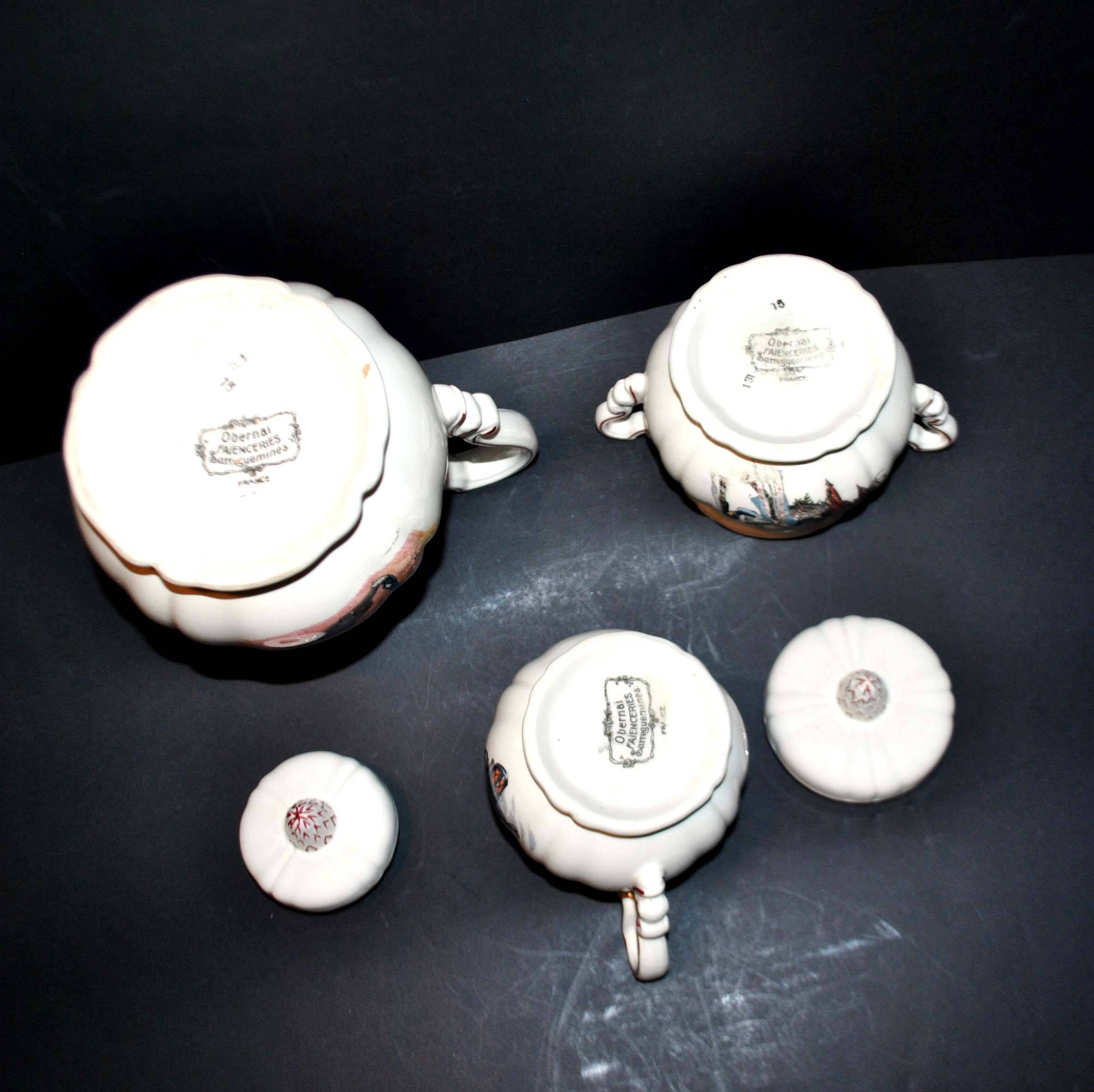 Obernai coffee service in sarreguemines earthenware coffee maker sugar bowl and milk