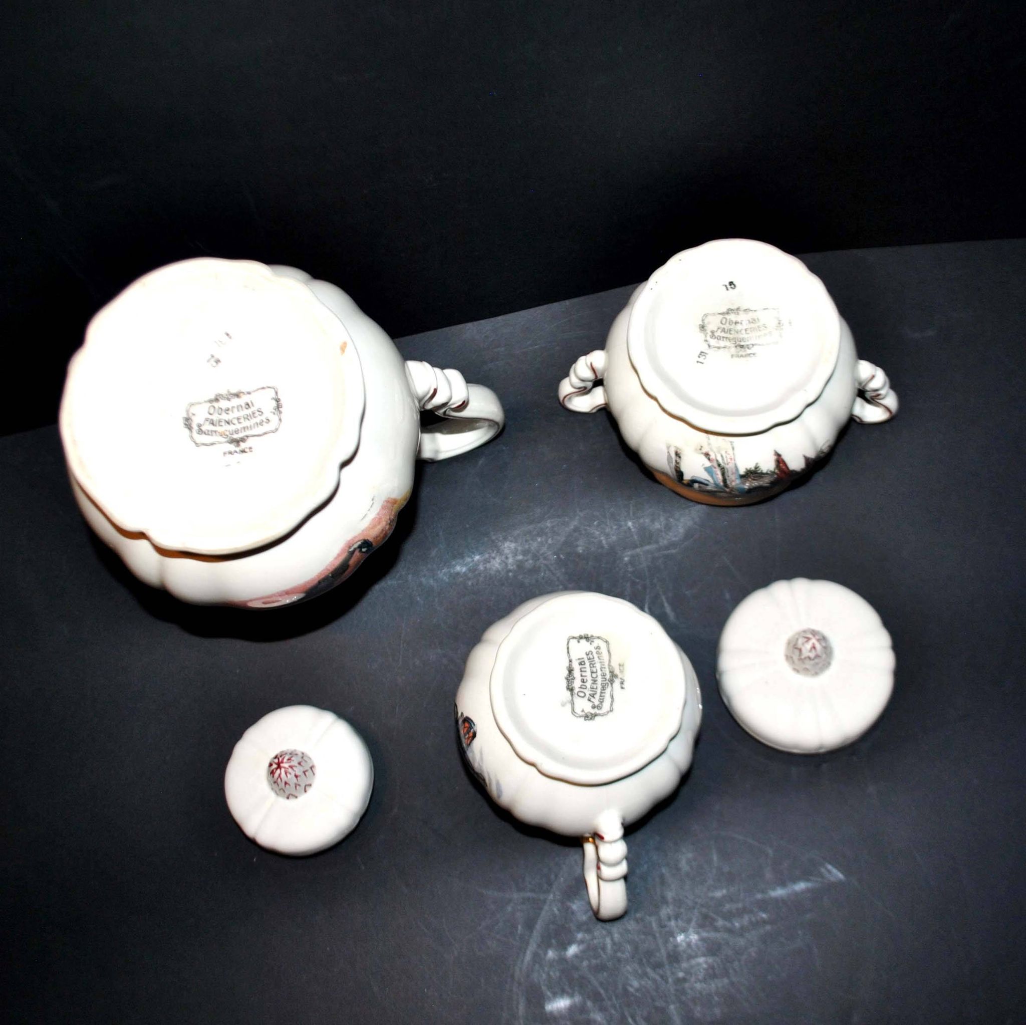 Obernai coffee service in sarreguemines earthenware coffee maker sugar bowl and milk