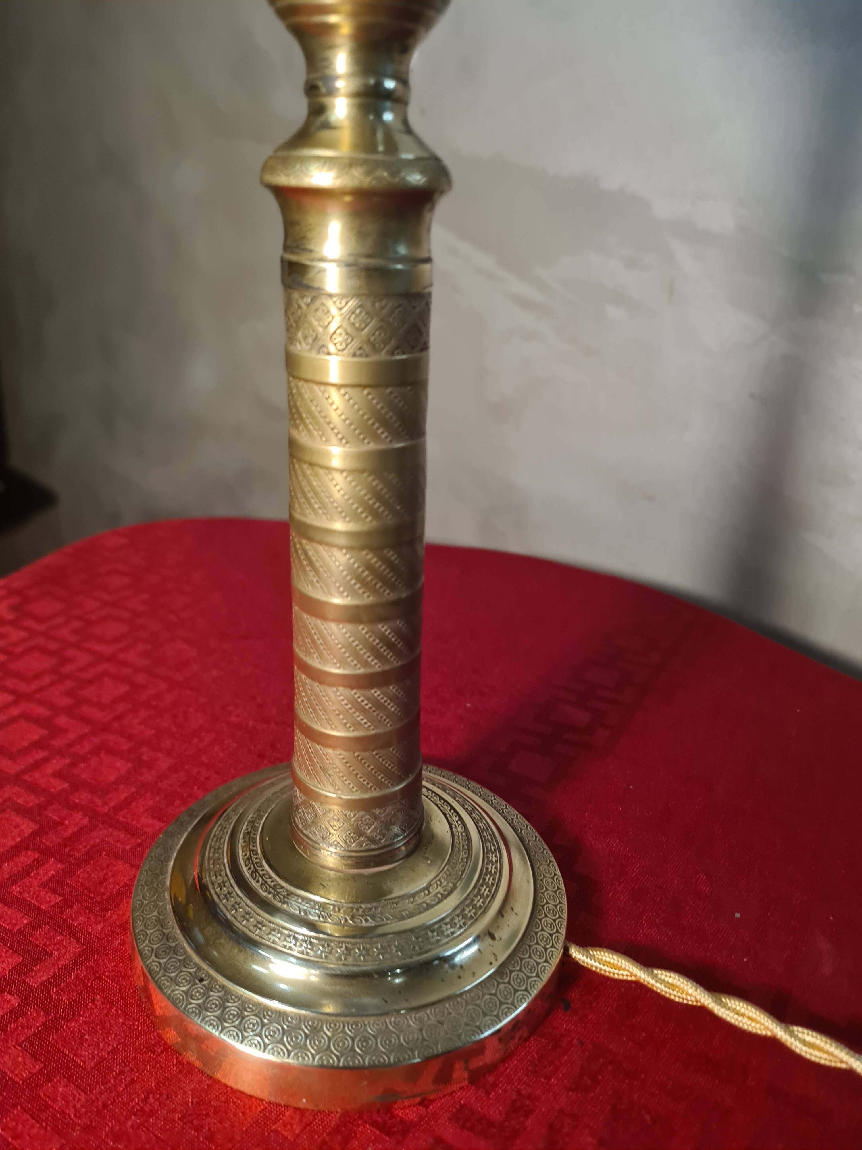 etched brass lamp with a blue satin glass tulip shade, signed Vianne 36x16