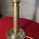 etched brass lamp with a blue satin glass tulip shade, signed Vianne 36x16