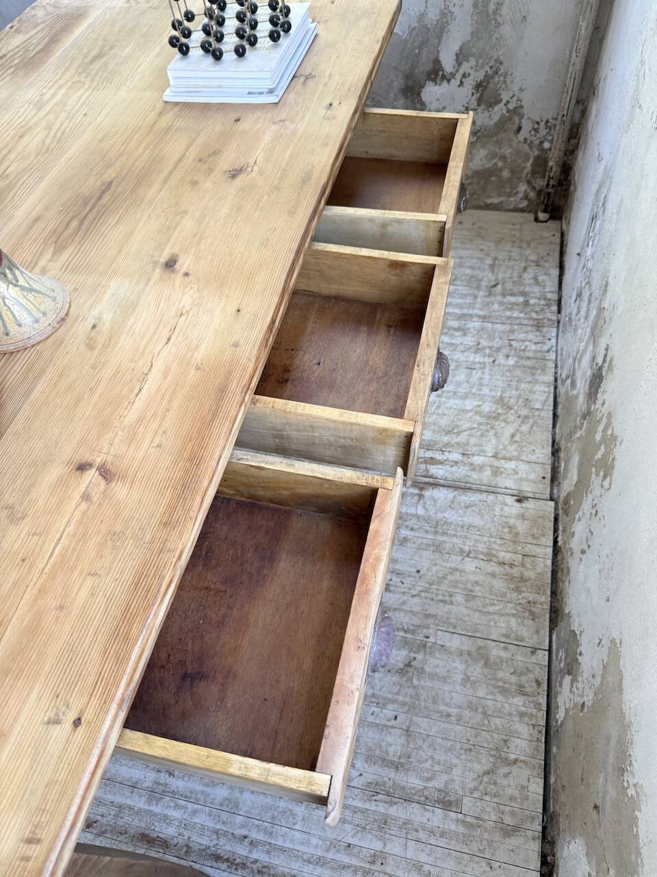 1950s pine and oak farmhouse table with multiple drawers