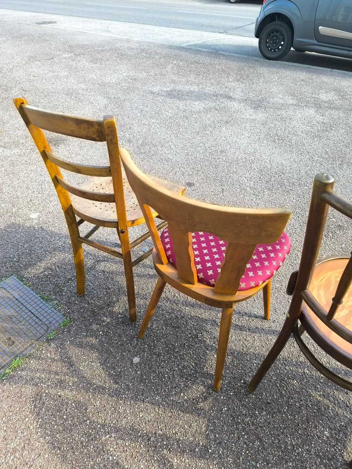 Set of 6 mismatched vintage wooden bistro chairs