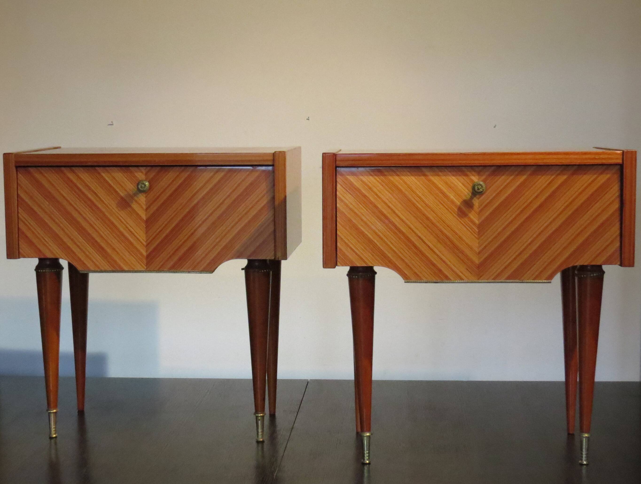 Pair of 60s veneer bedside tables with brass decorations