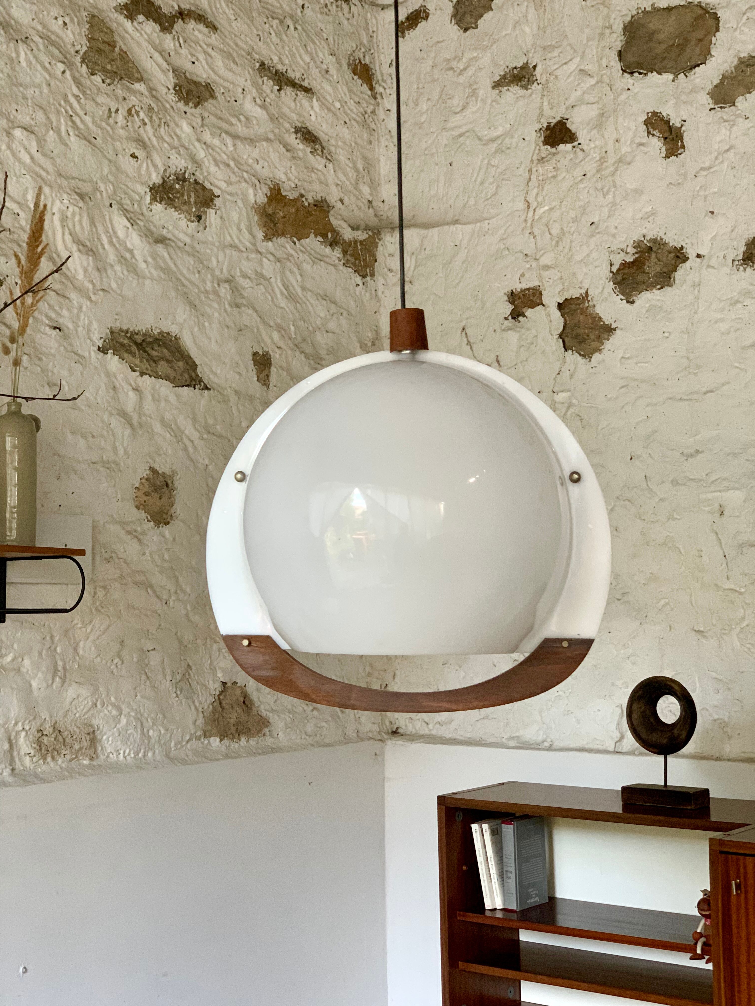 Vintage teak and plexiglass seventies pendant lamp