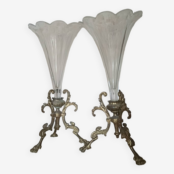 Pair of crystal and bronze cone vases