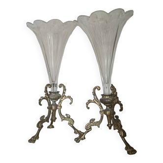 Pair of crystal and bronze cone vases
