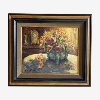 Ancient painting, Still Life with Flowers and Cartel Pendulum, signed, 20th century