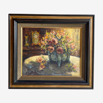 Tableau ancien, Nature morte aux fleurs et Cartel pendule, signé, XX siècle