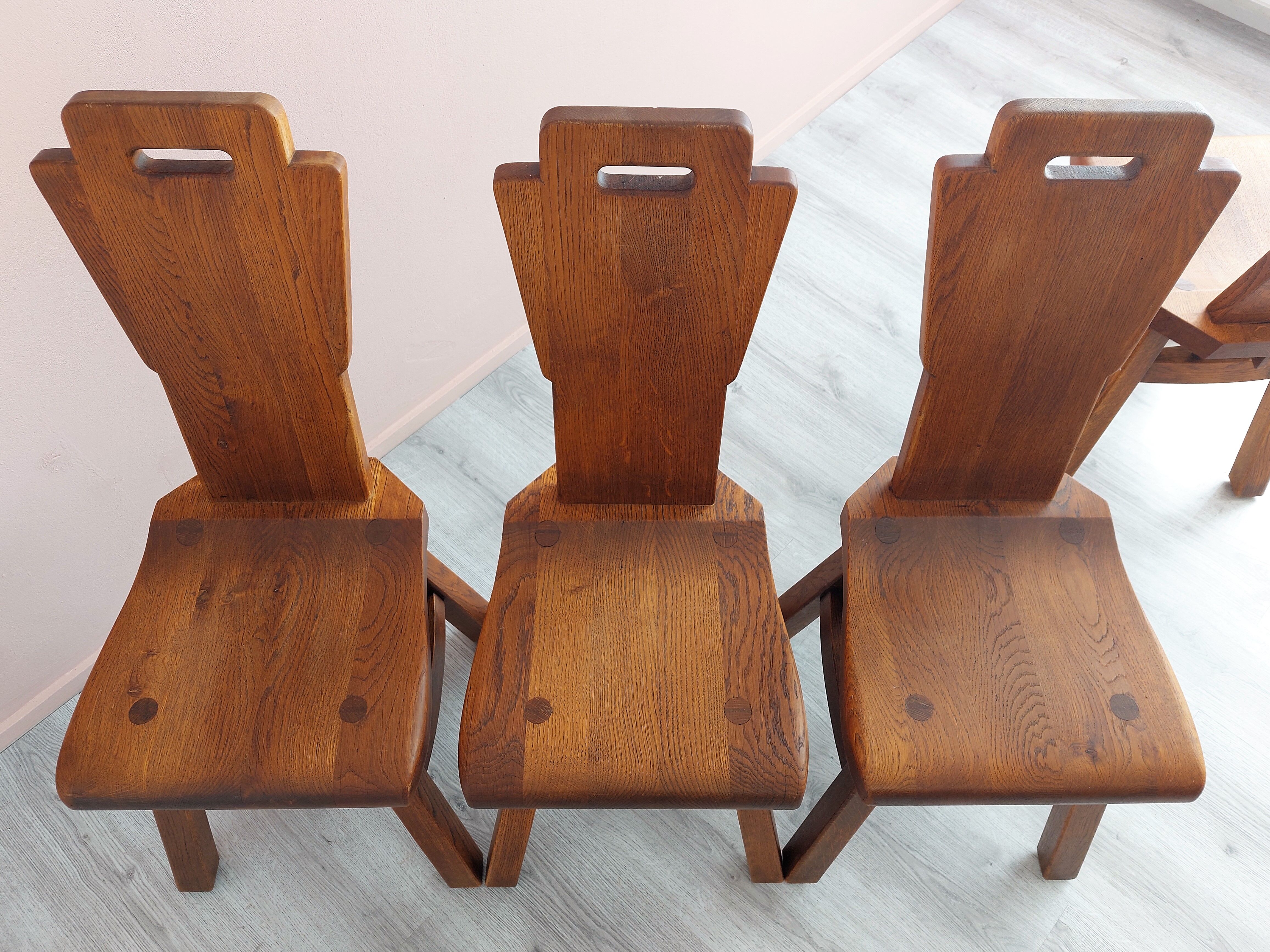 Set of 4 Belgian Brutalist Oak Dining Chairs.