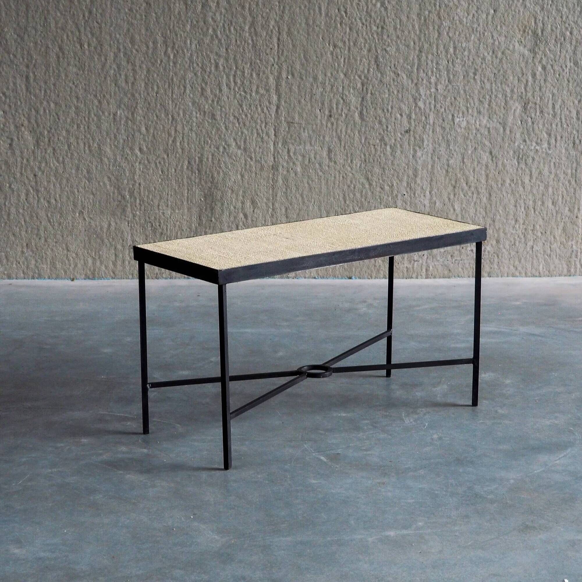 Set of 2 minimalist metal side tables with plaster-fiber tops