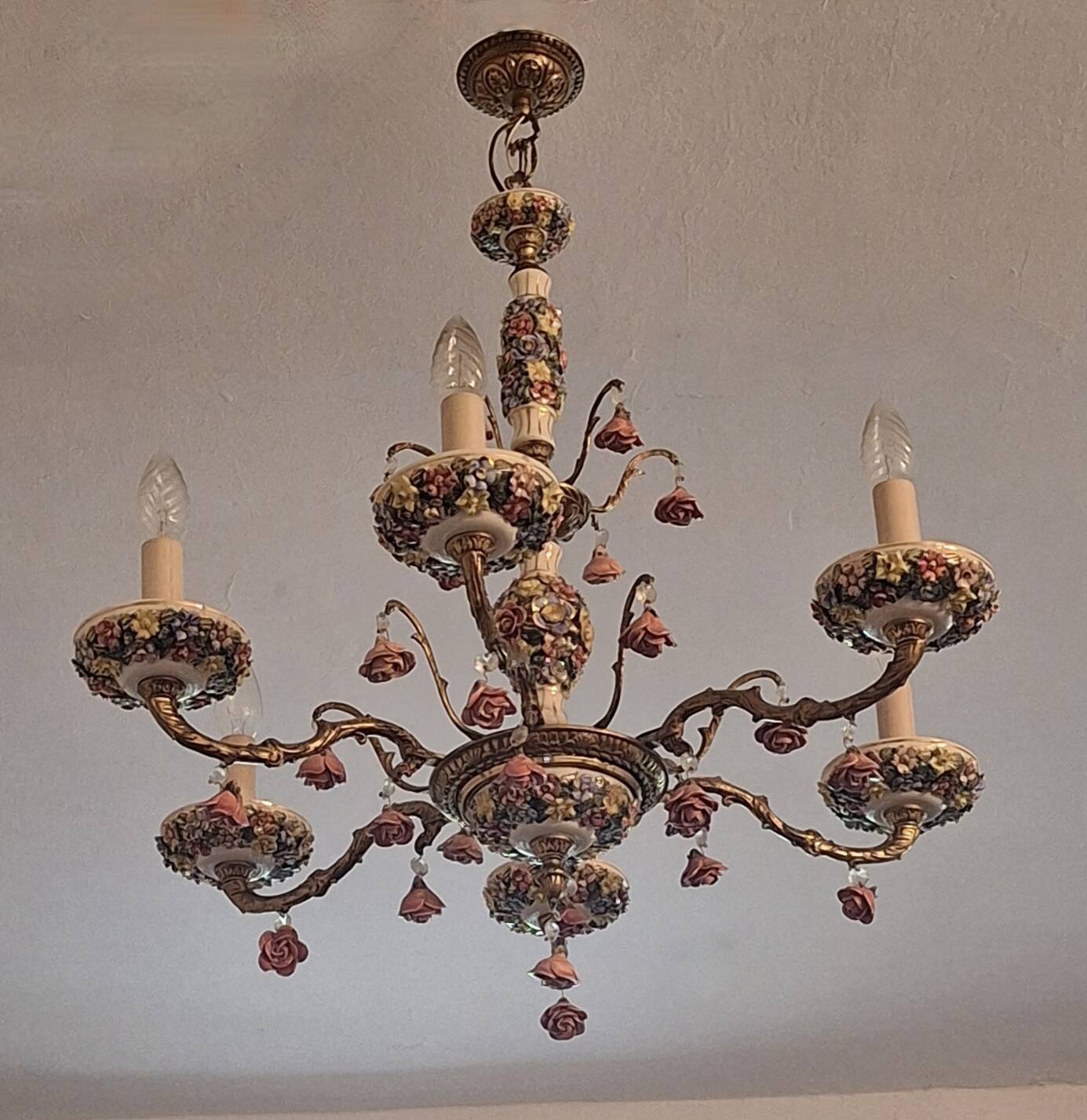 Lustre vintage Boho en laiton doré à 6 bras