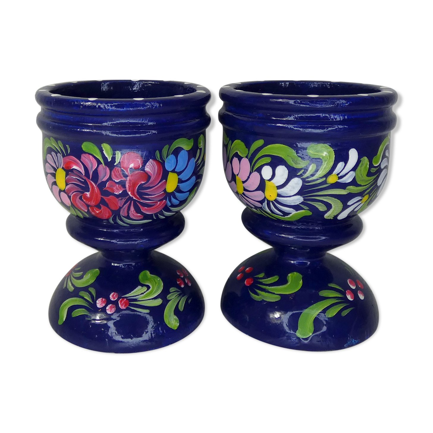 Pair of folk ethnic art coquetiers in vintage turned wood