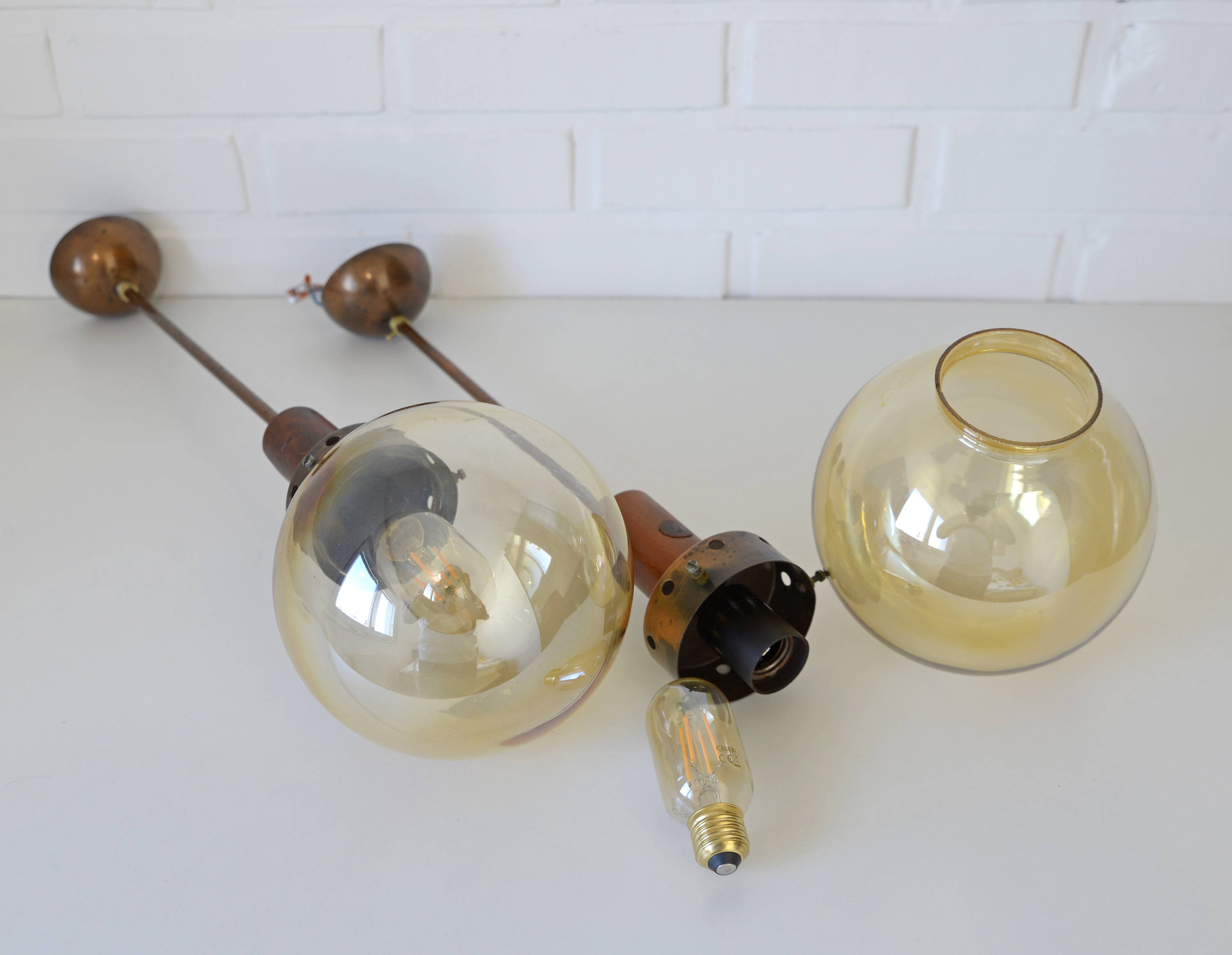 Vintage pendant light set of 2 rustic copper hanging lamps Yugoslavia 1970