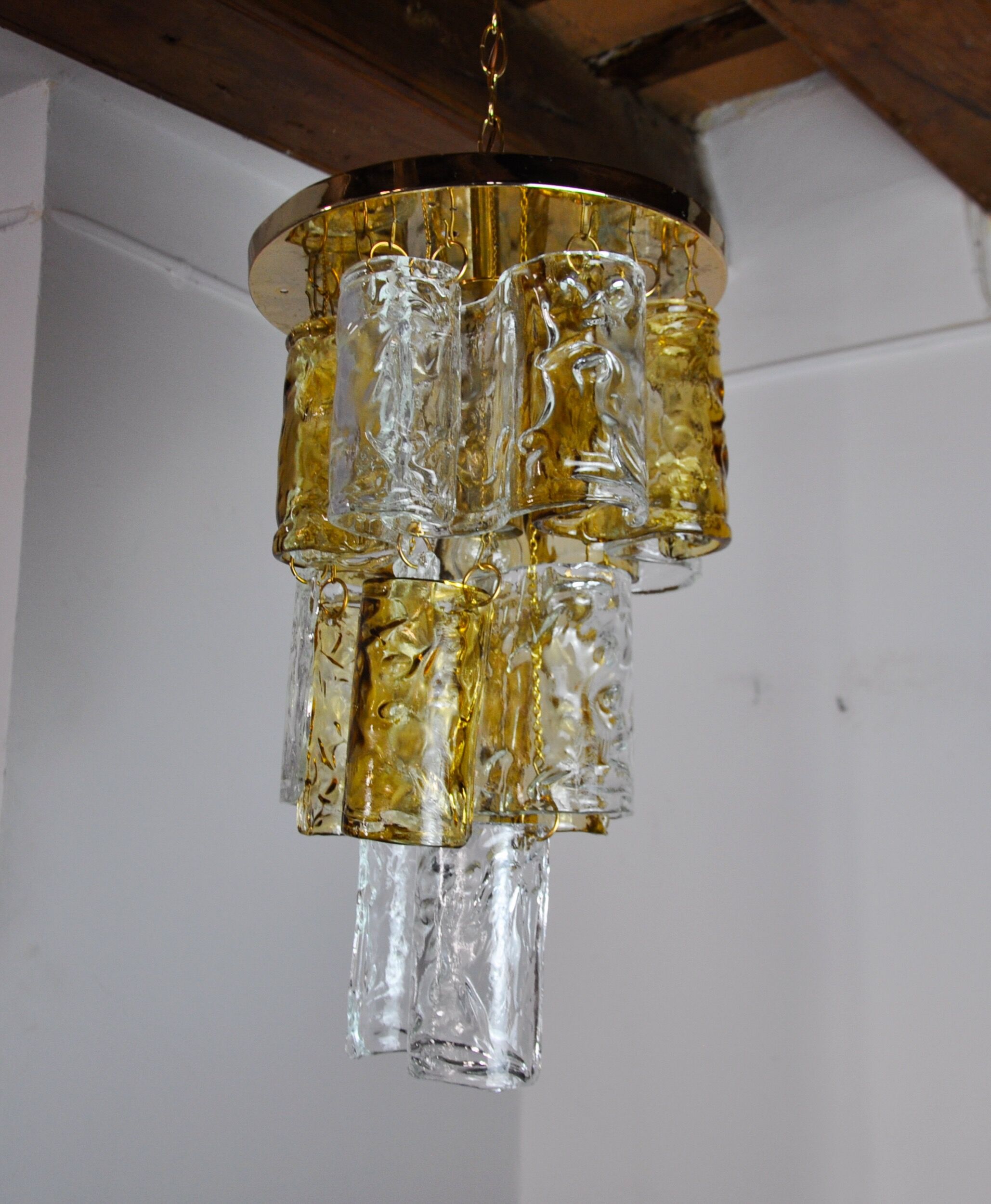 Two-tone chandelier by Zero Quattro, 3 levels, orange and transparent murano glass, Italy, 1970