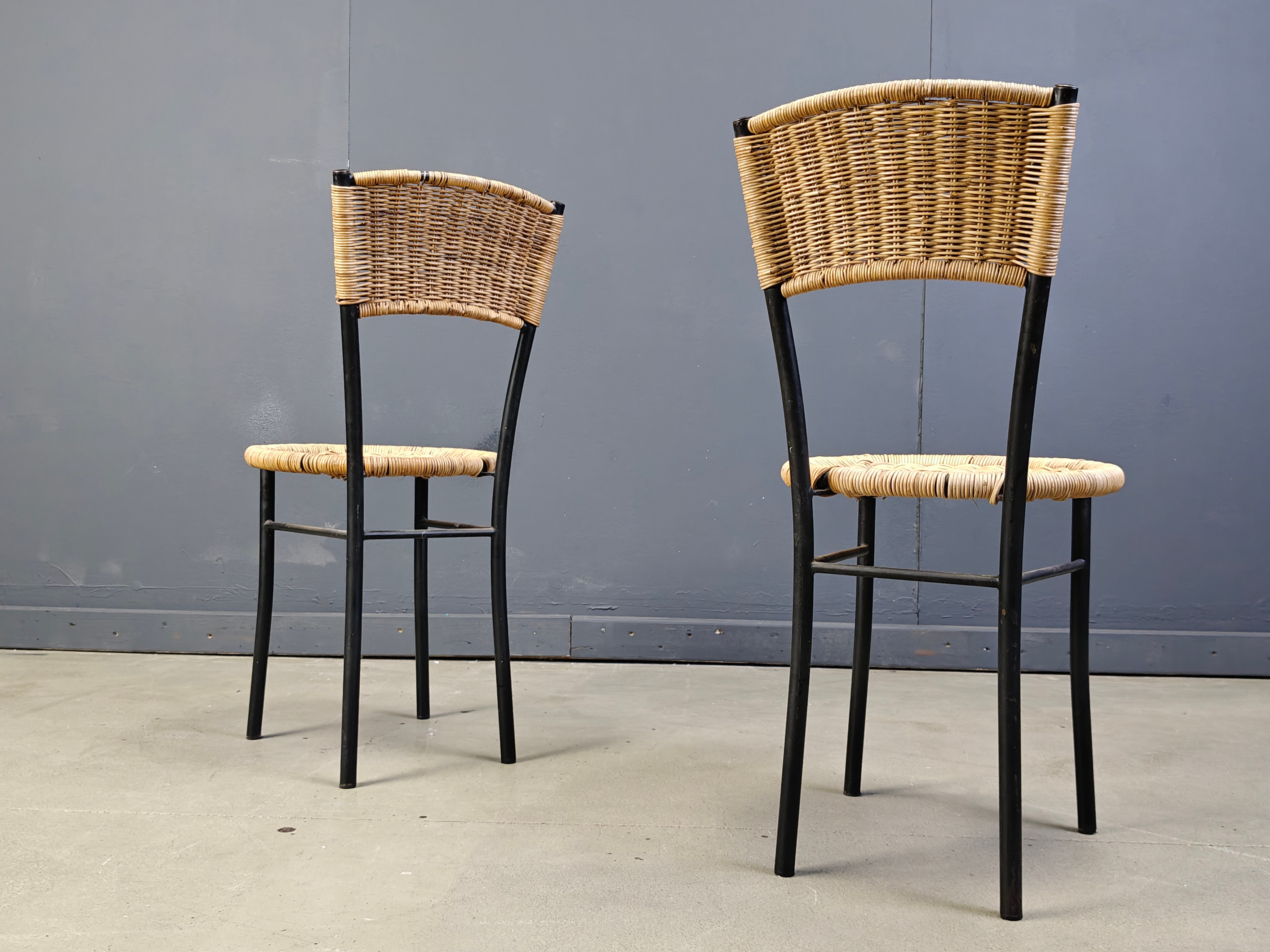 Wicker and metal dining chairs, 1980s - set of 4