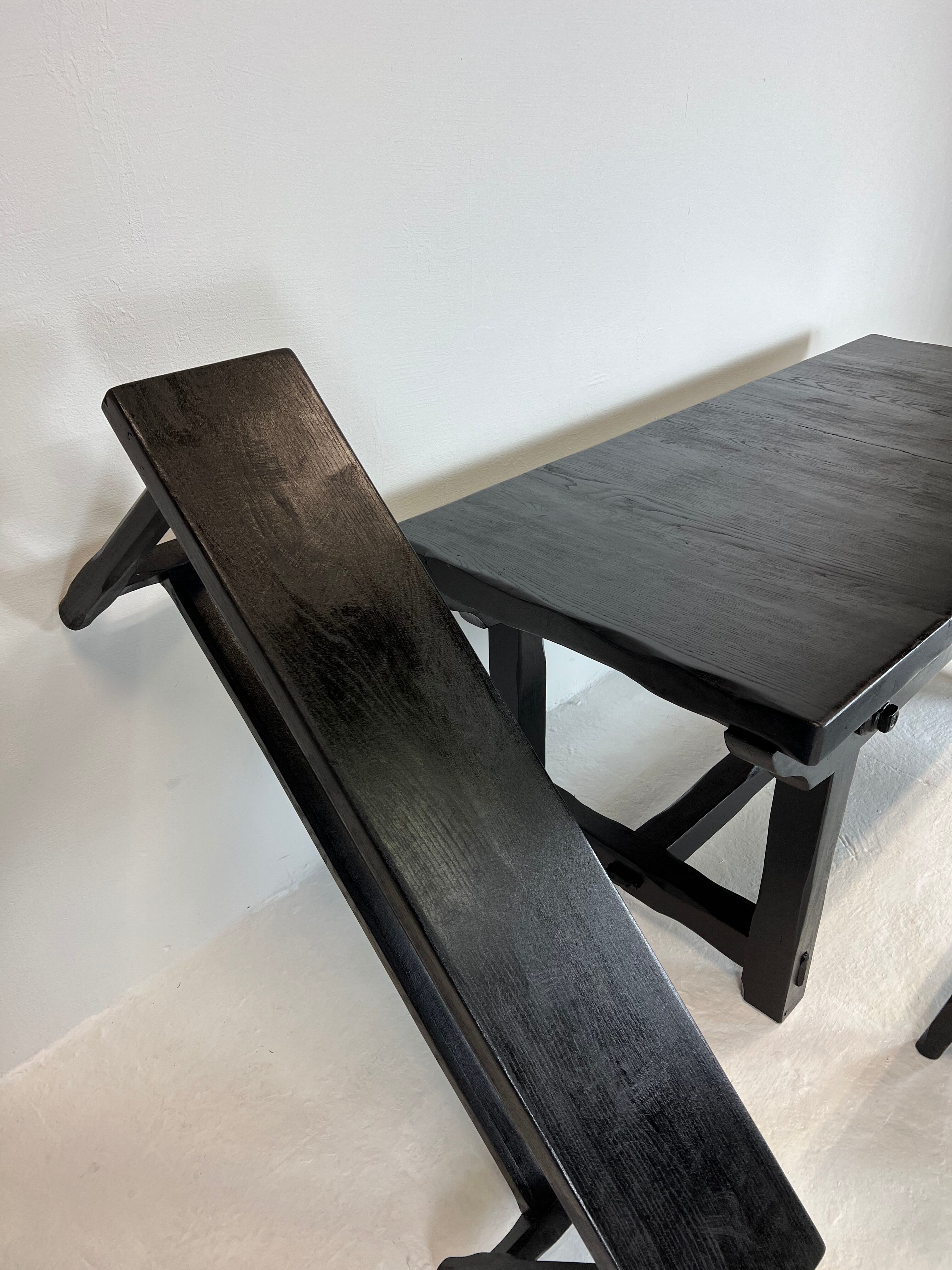 Brutalist elm table Wabi-sabi spirit and its 2 benches