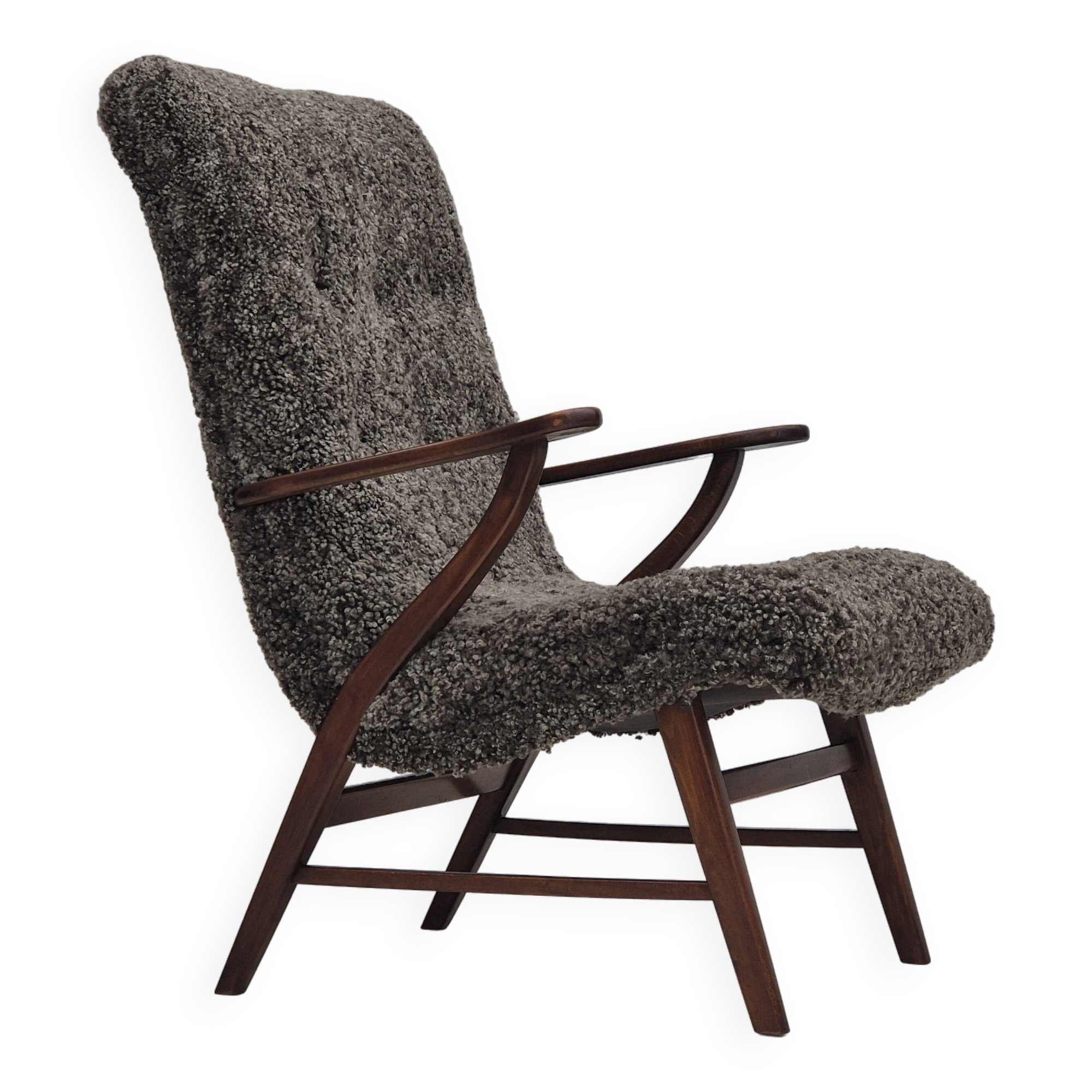 60s, Danish design, refurbished armchair, genuine sheepskin "Wellington".