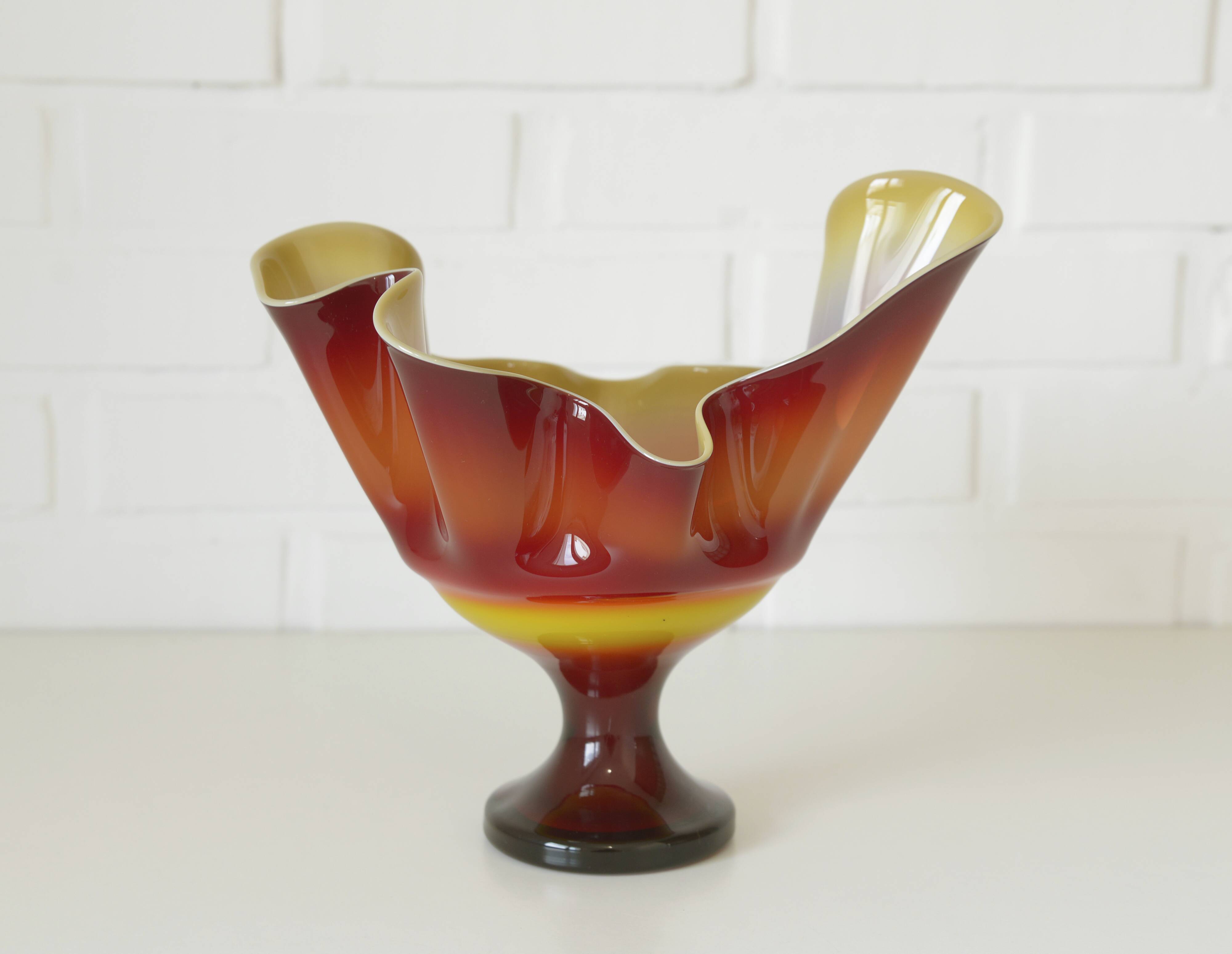 Vintage Swung Vase  Fruit Bowl Retro Red Blown Glass  Handmade Table Decor