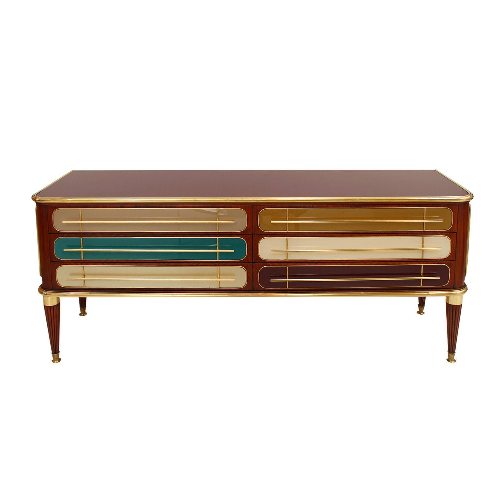 Mid Century Modern Italian Sideboard Wood and Colored Glass. 1950s
