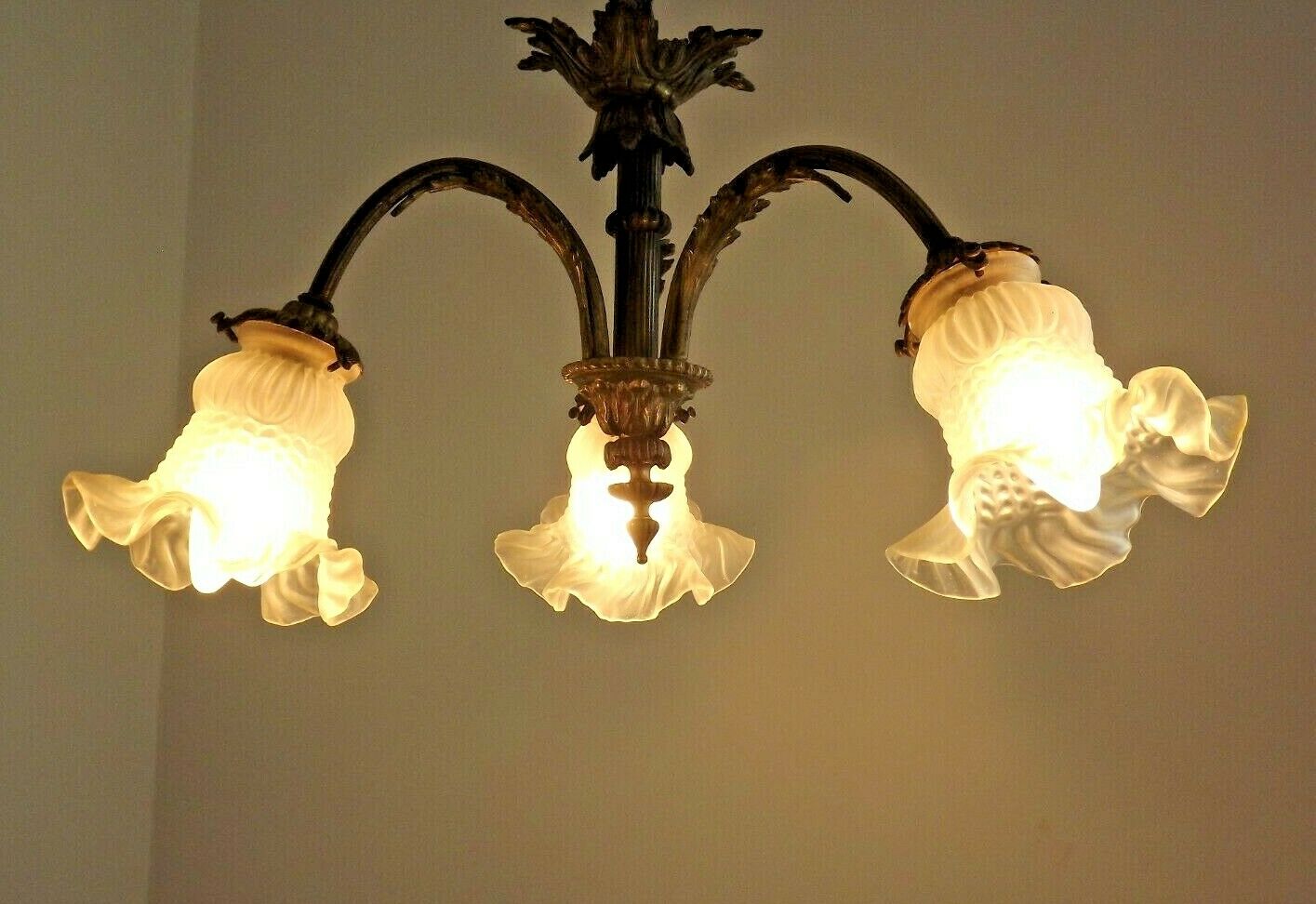 French antique bronze 3 light semi flush chandelier opaque patterned shades