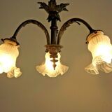 French antique bronze 3 light semi flush chandelier opaque patterned shades