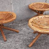 Low wicker and rattan stools, 1970s. (Set of 3)