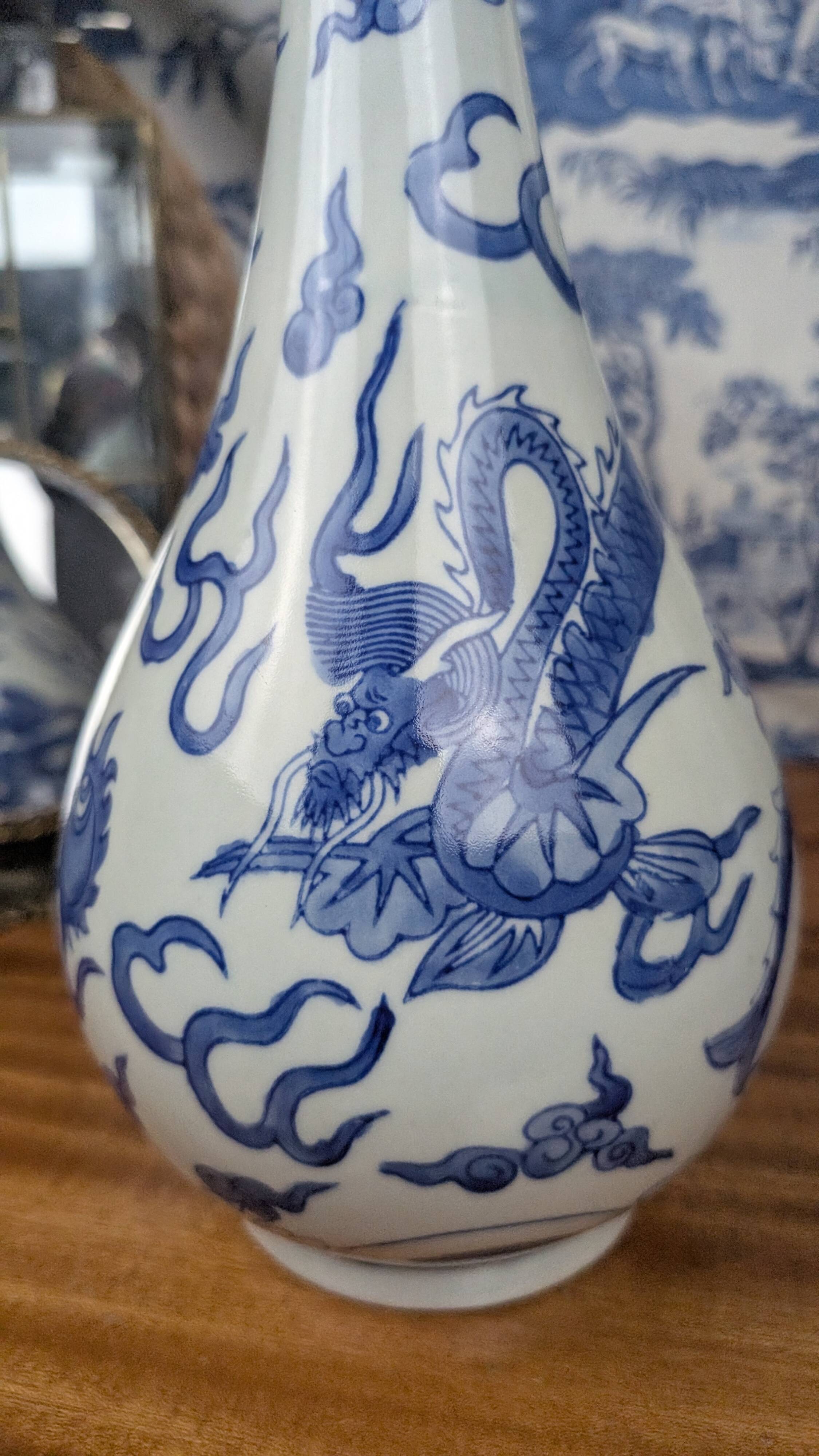 Blue hue piriform vase with dragon decor, vietnamese porcelain
