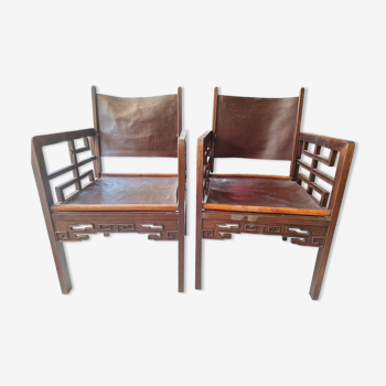 Pair of old Asian Chinese wooden chairs with leather seat