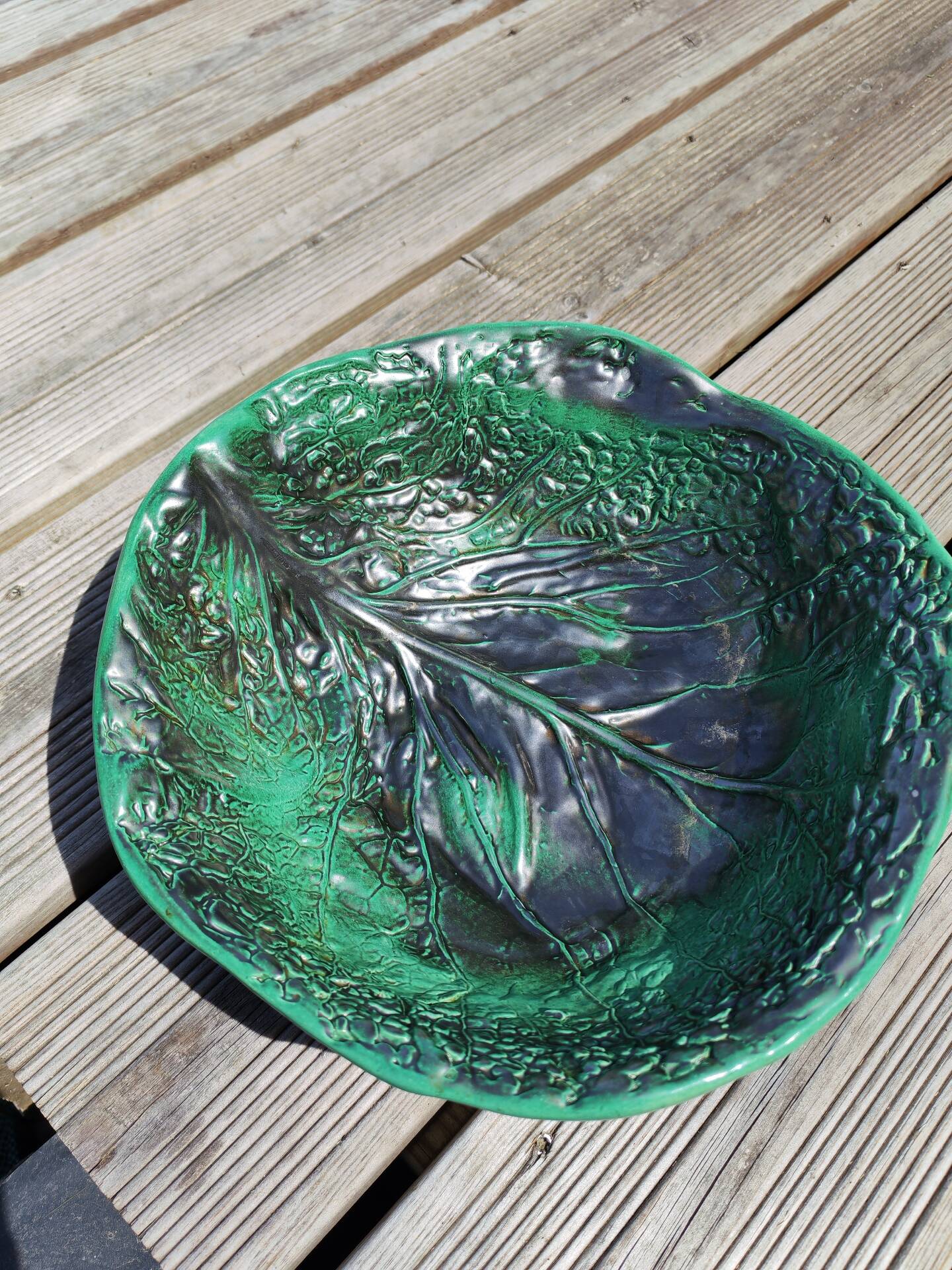 Vintage cabbage leaf earthenware salad bowl