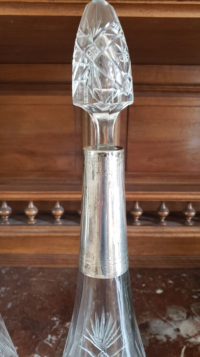 Pair of crystal and metal decanters