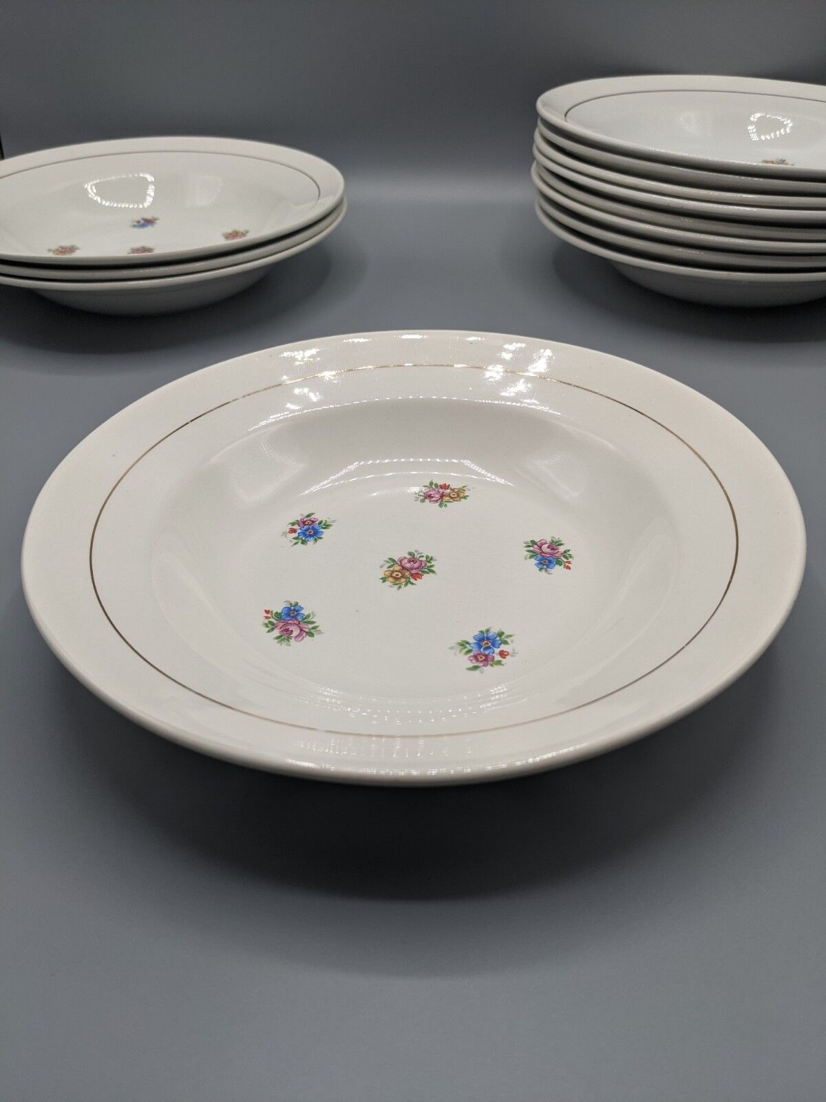 12 hollow porcelain plates, floral decoration and golden ledé - ∅: 23cm
