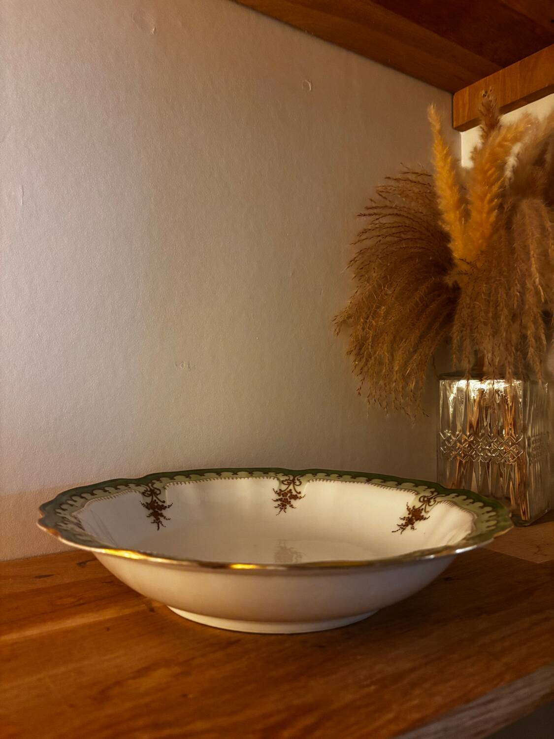 Green Limoges porcelain serving dish with gilt trim