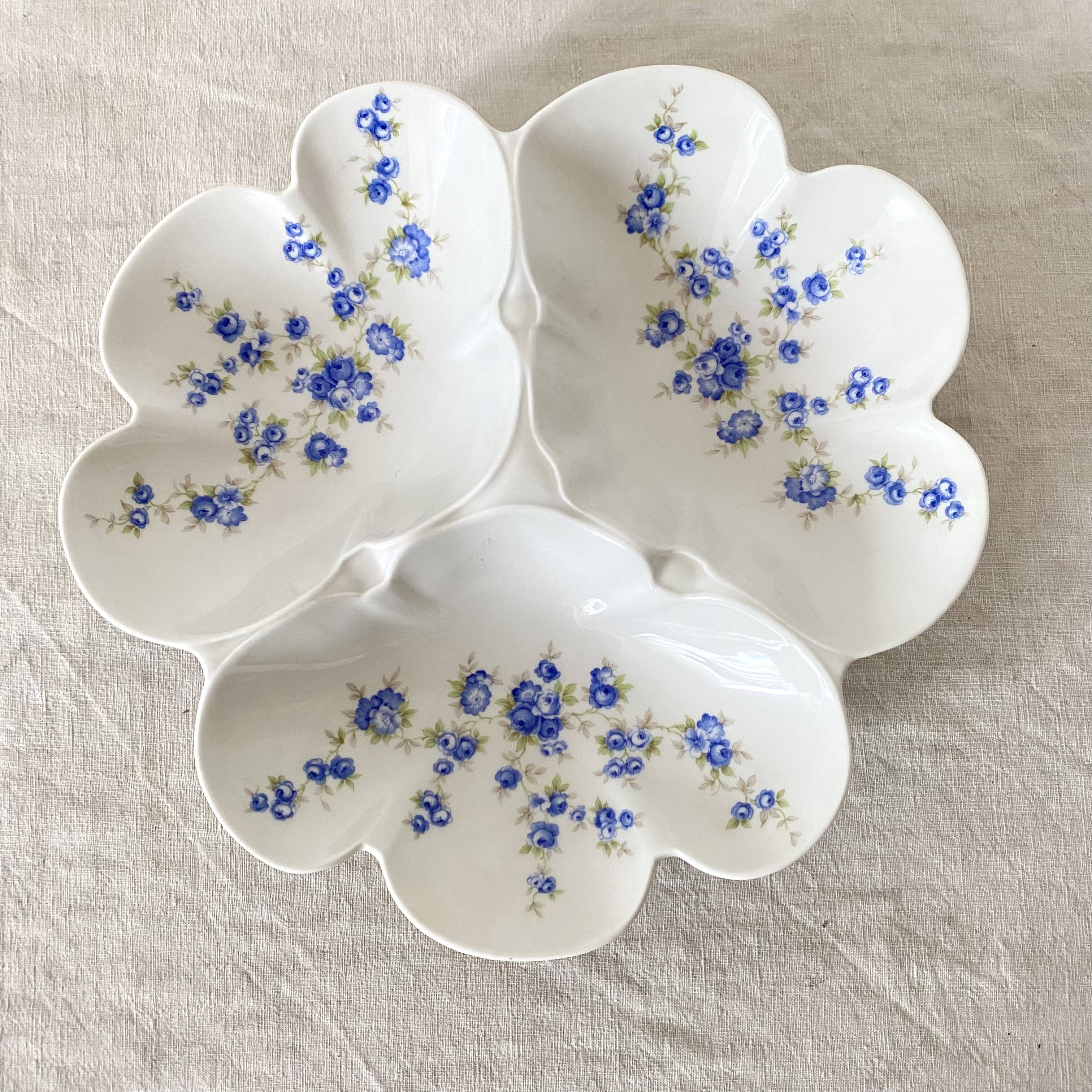 Pillivuyt porcelain 3-compartment dish, blue flowers