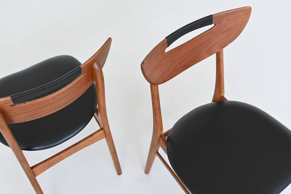 Set of six Danish dining chairs in teak and faux leather Denmark 1960