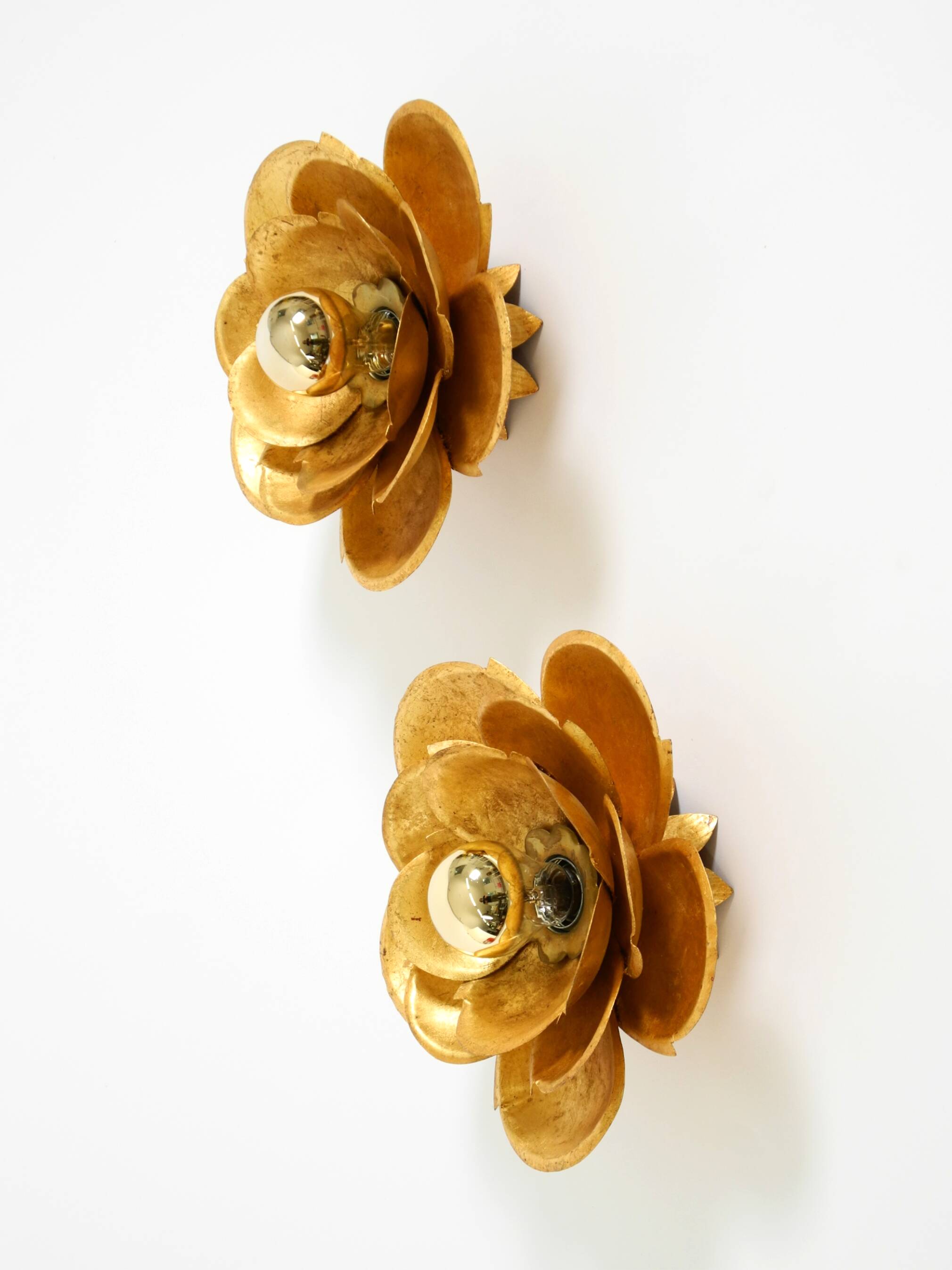 Two beautiful, large, gilt wall lamps, "Water Lily," Italy, 1960s