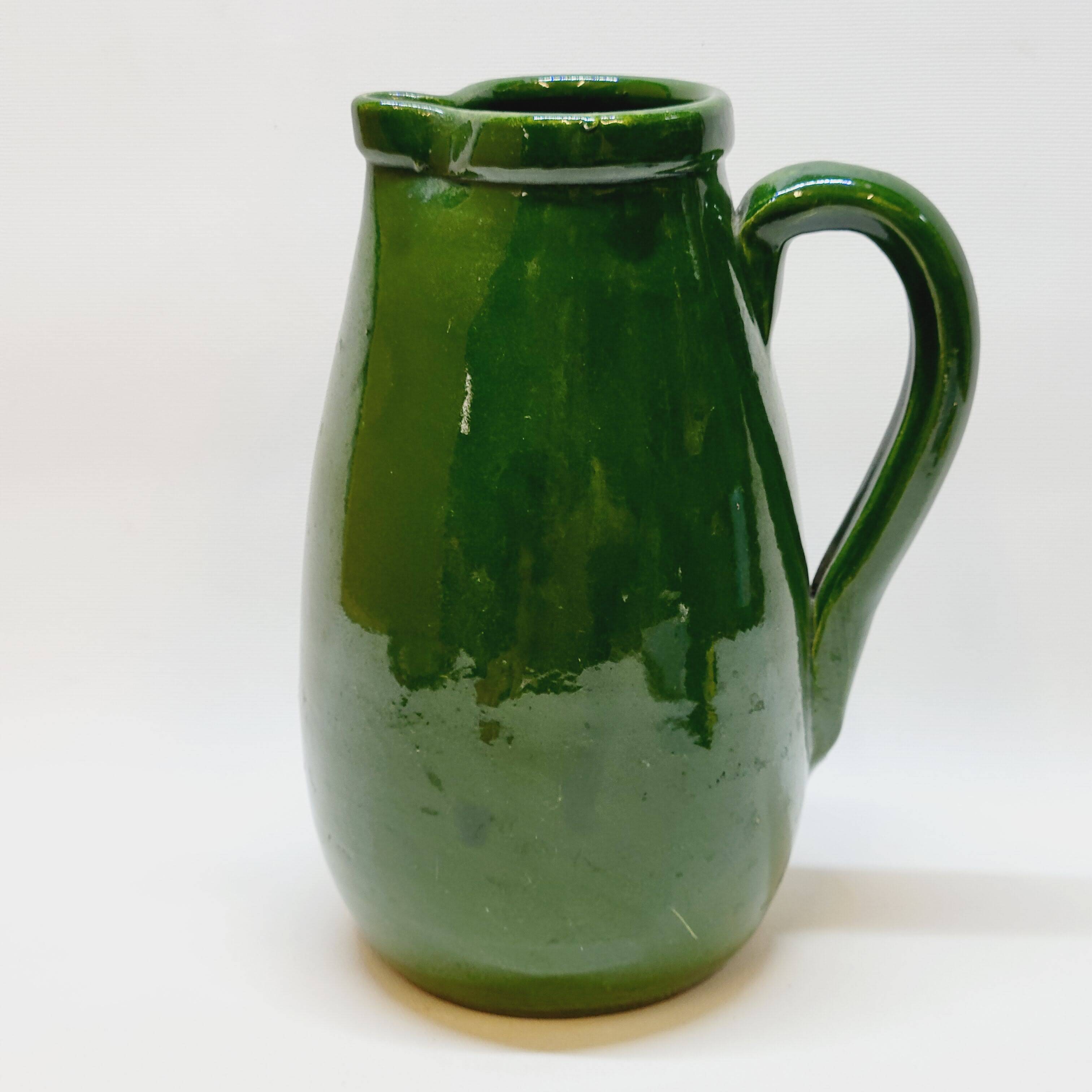 Pottery pitcher carafe terracotta green glazed ceramic