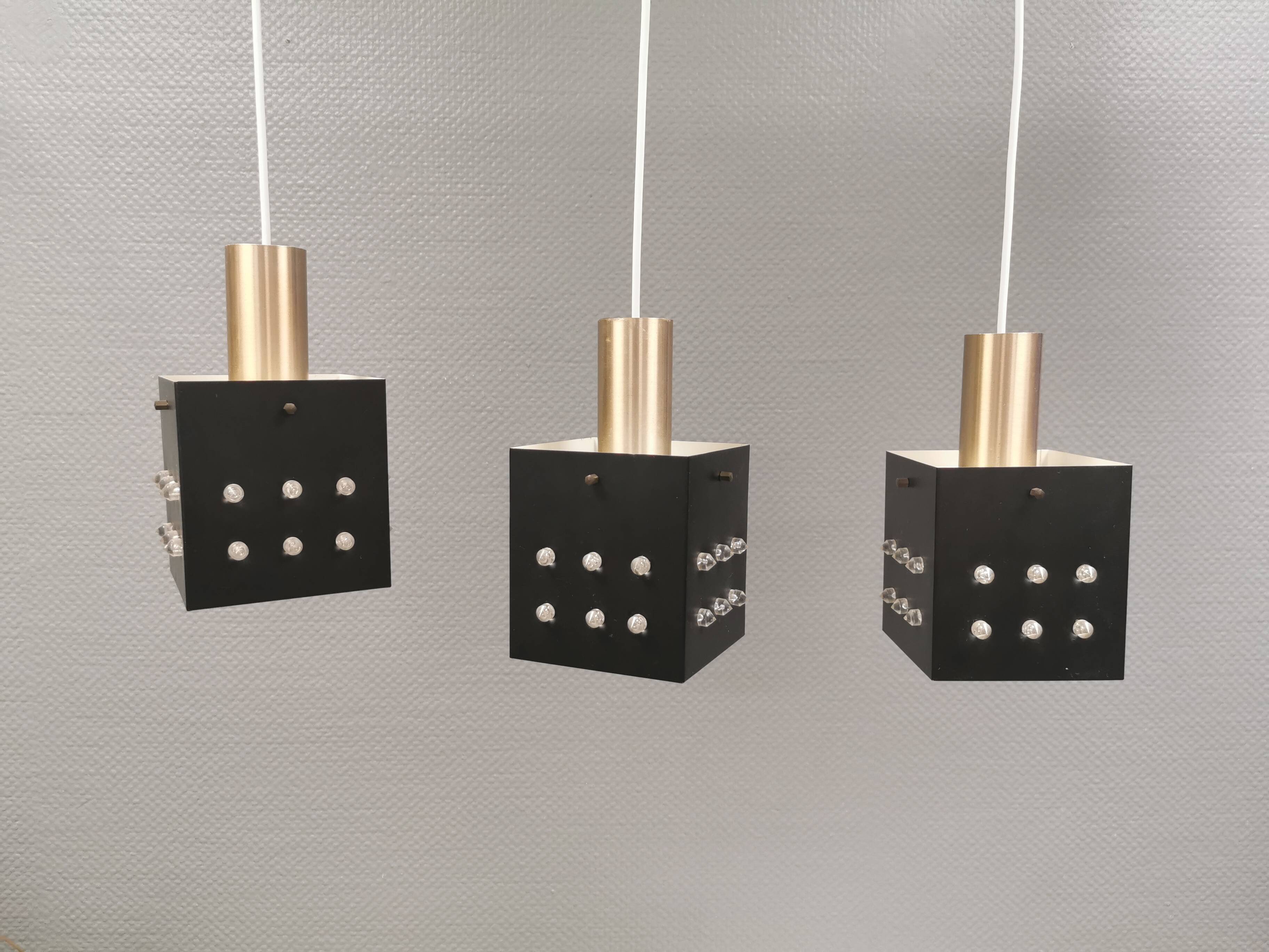 Three older square pendant lamps in Space-Age style, Denmark 1980s
