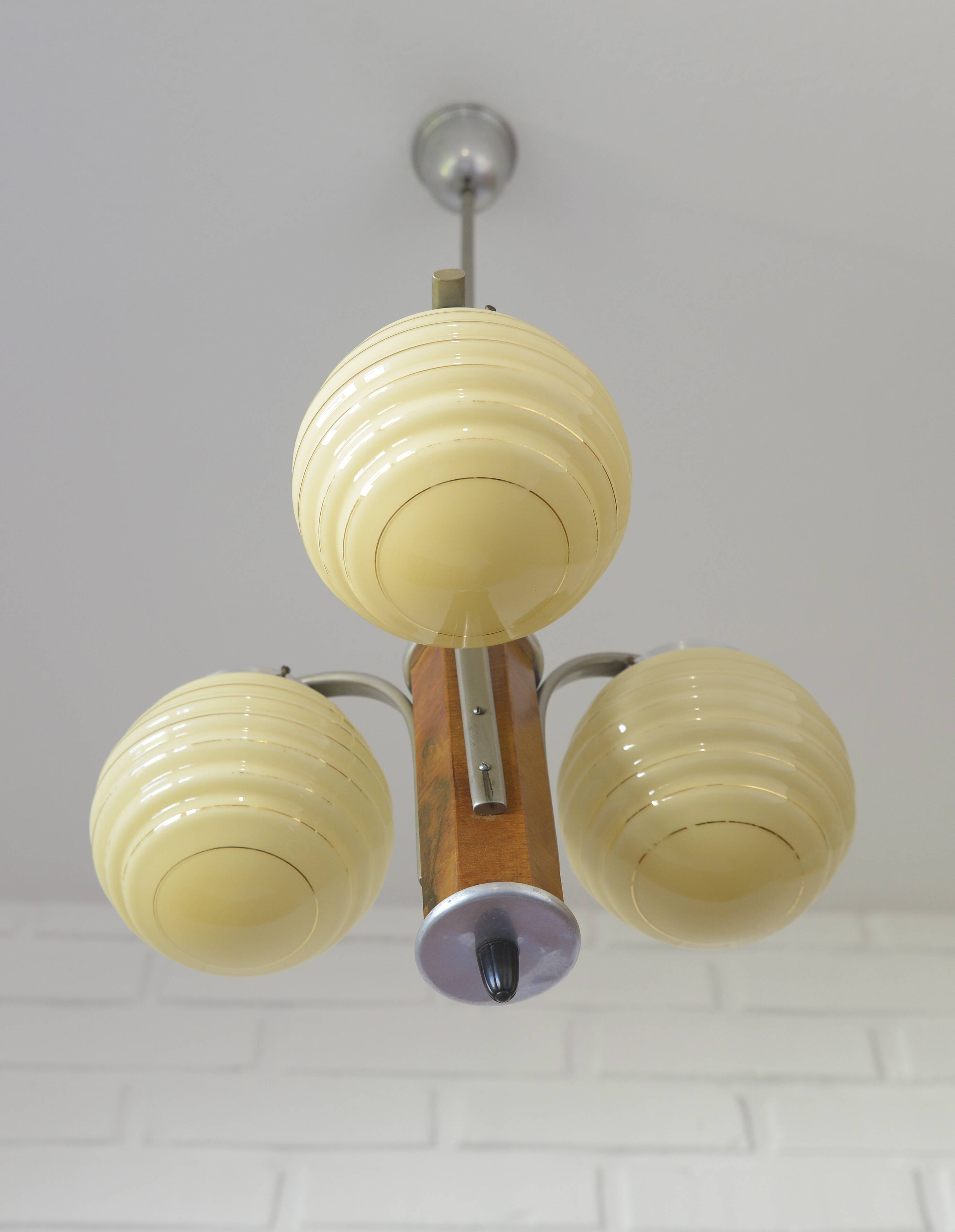 Original Art Deco Chandelier Antique Hand Blown Glass Pendant Light 1940's