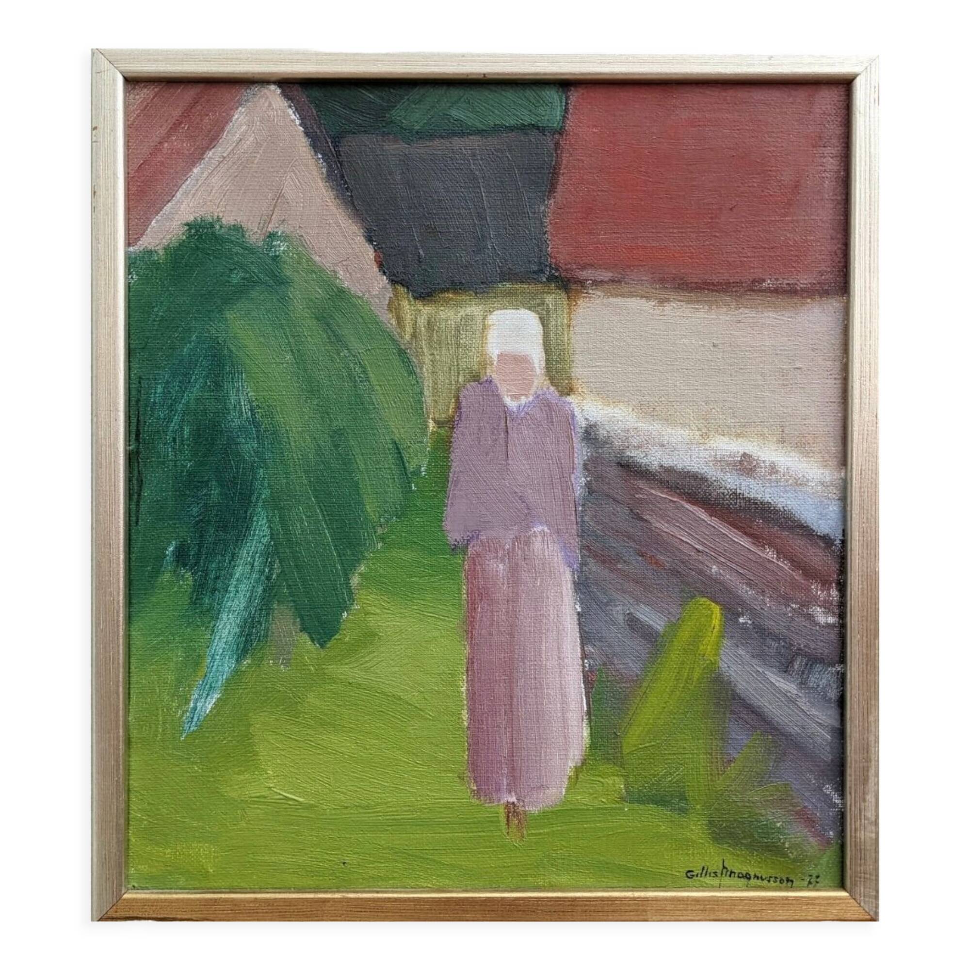 1977 Mid-Century Modern "Pensive Walk" Swedish Figurative Oil Painting, Framed