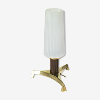 Lampe de table tripode 1950, 60 laiton et opaline blanche