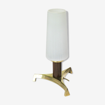 Table lamp tripod 1950, 60 brass and white opaline