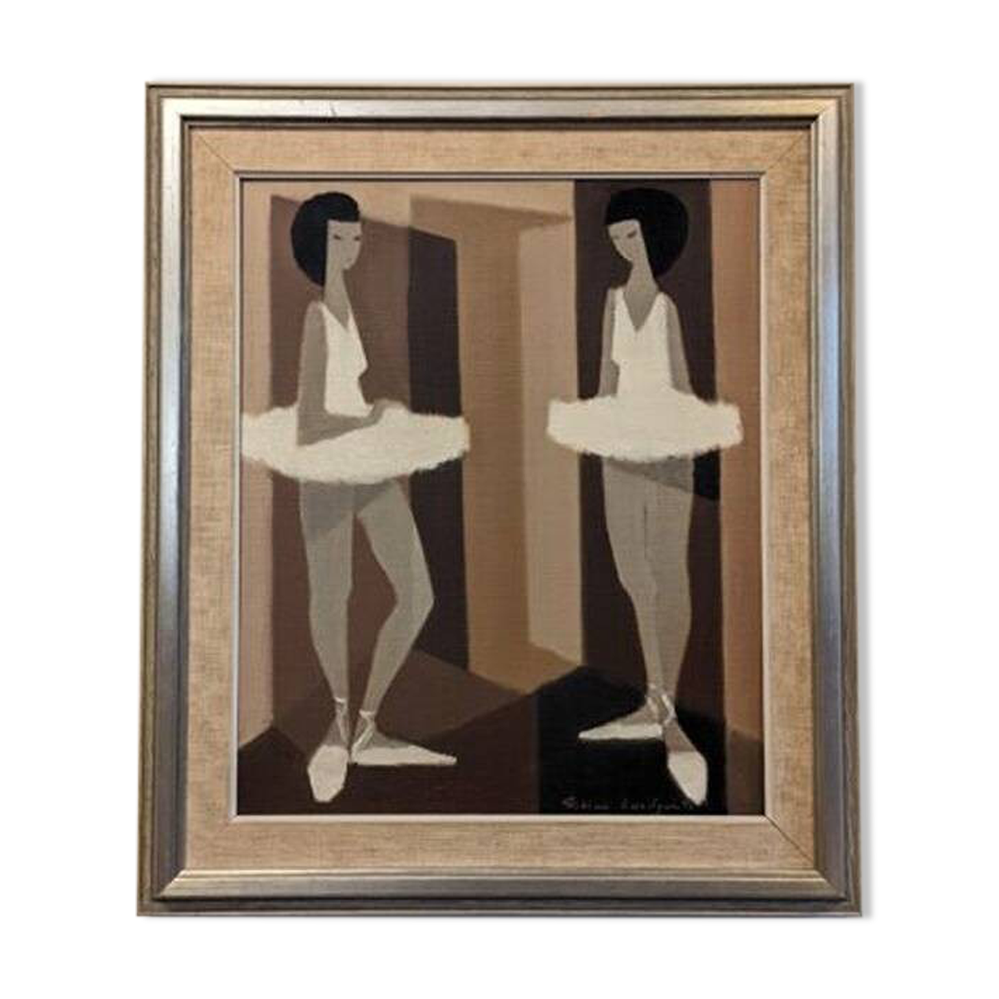 Mid-Century Modern Swedish "Modernist Ballerinas" Vintage Figurative Oil Painting by Fabian Lundqvis
