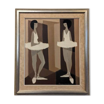 Mid-Century Modern Swedish "Modernist Ballerinas" Vintage Figurative Oil Painting by Fabian Lundqvis