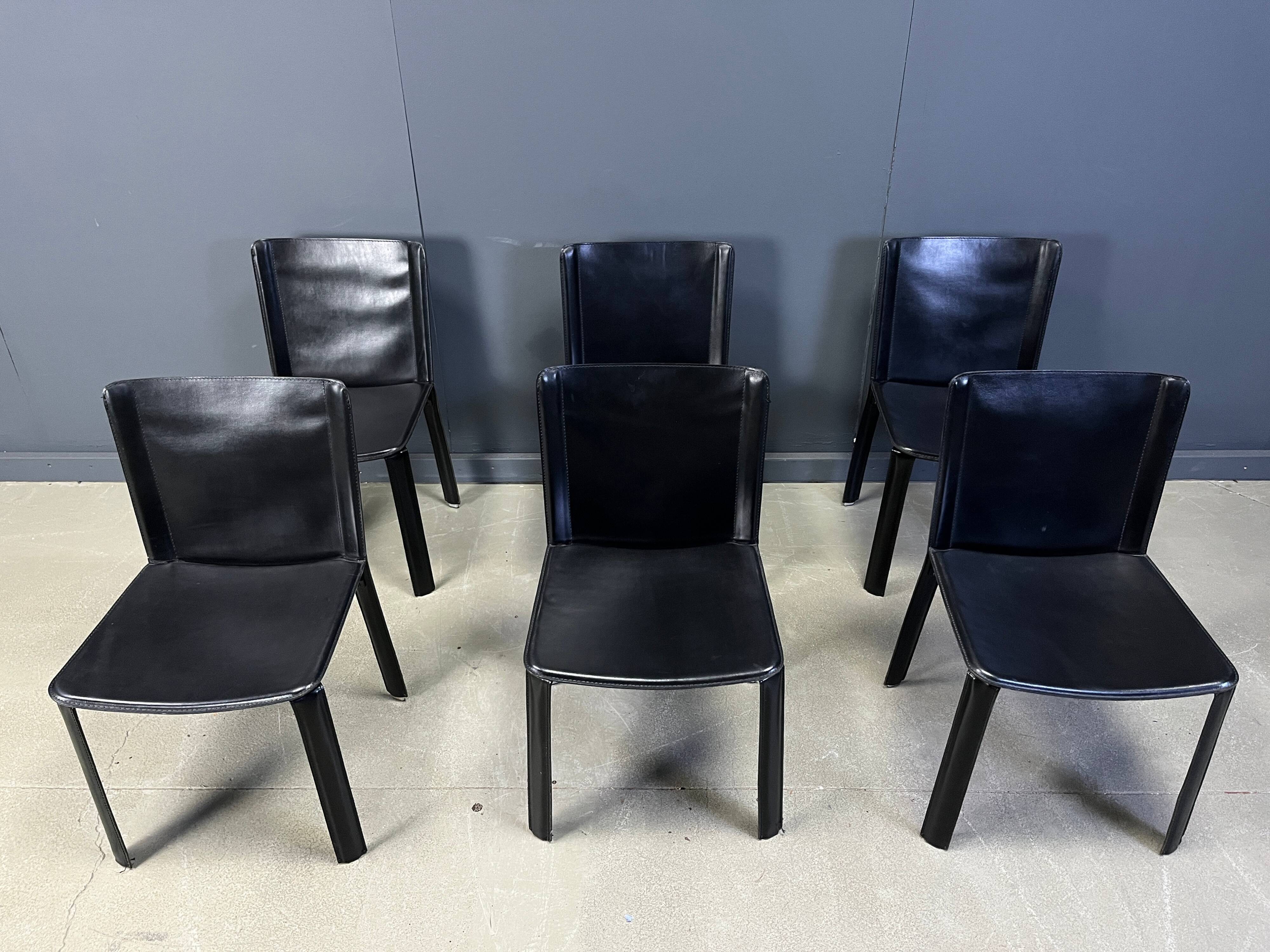 Vintage black leather dining chairs by Cidue, set of 6 - 1980s